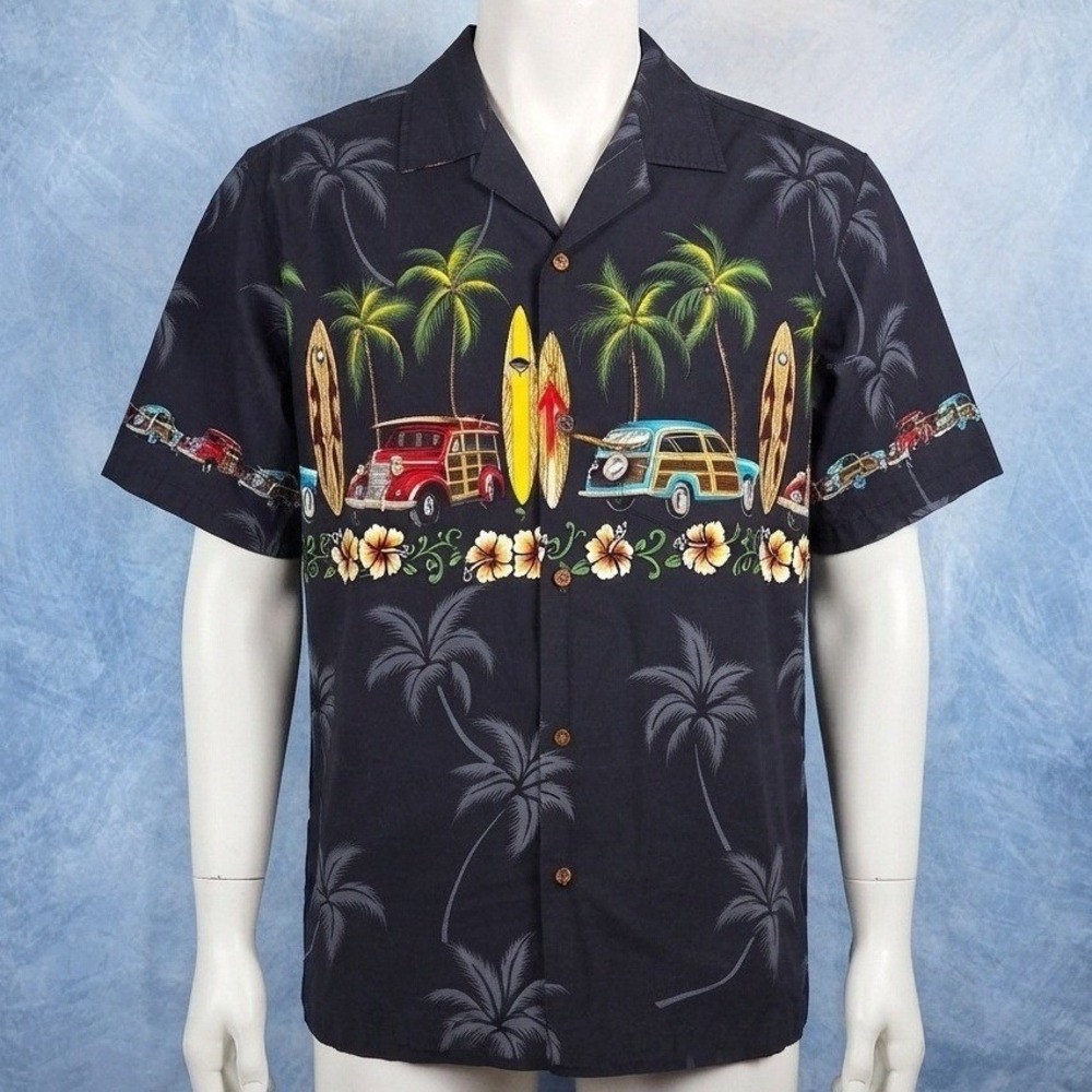 Winnie Fashion Mens L Hawaiian Shirt Black Woodie Car Surfboard Cotton Hawaii